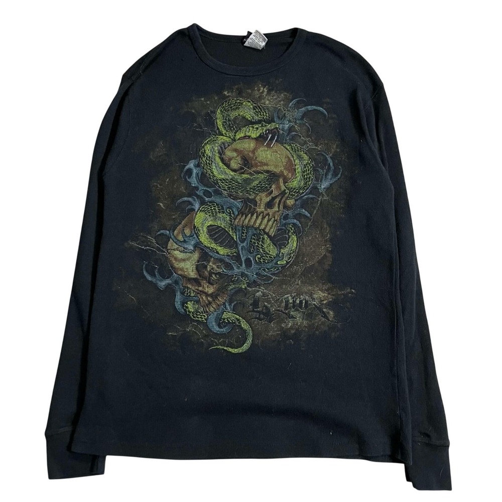 Y2K LA Ink Black Thermal Long Sleeve Snake Skull Graphic Shirt Grunge Mens XL